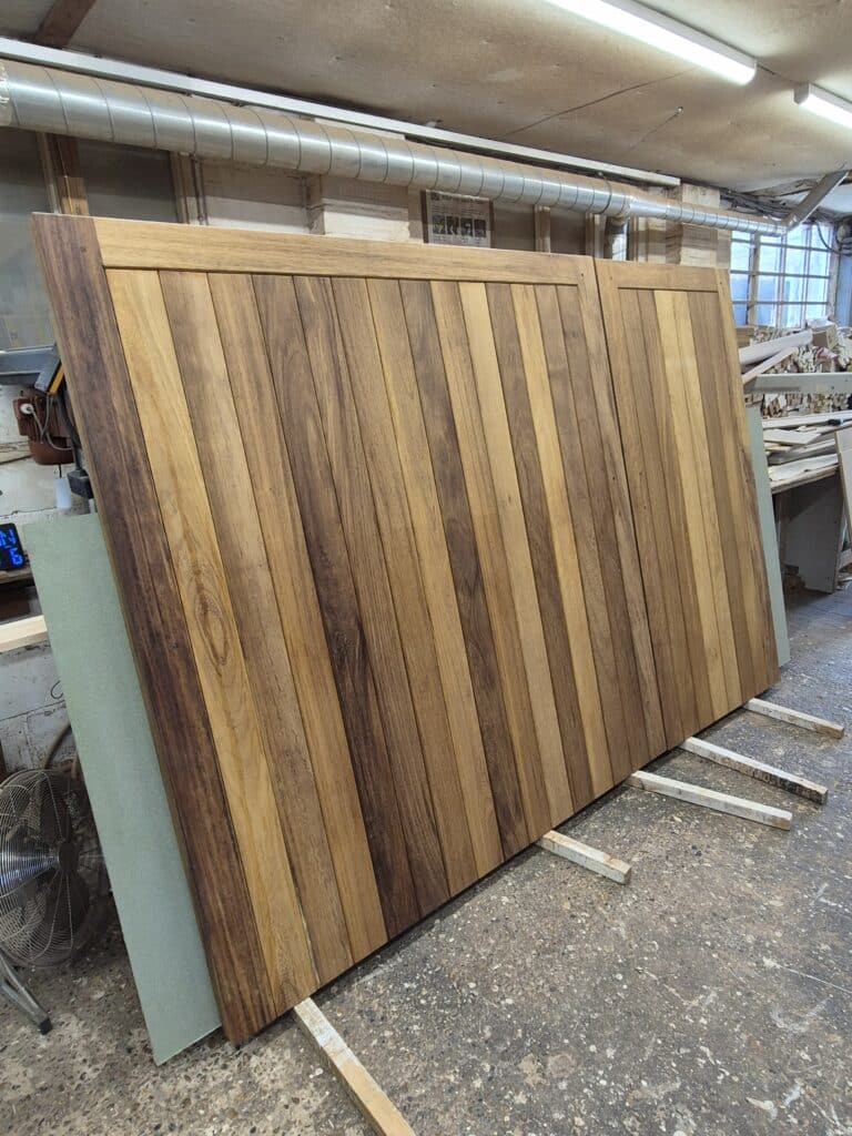 Iroko wooden gates for a driveway awaiting delivery. 