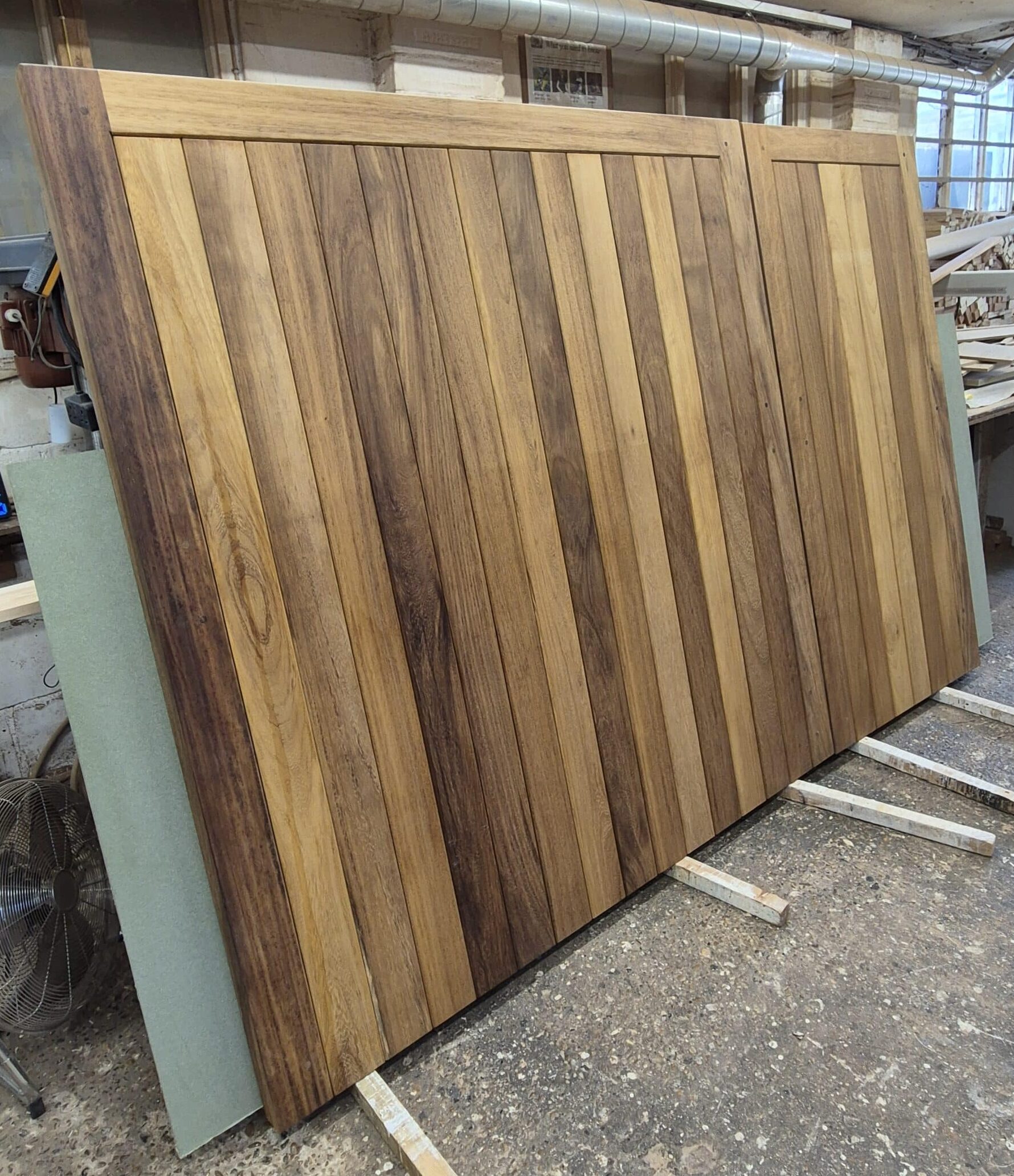 Iroko gates awaiting delivery.